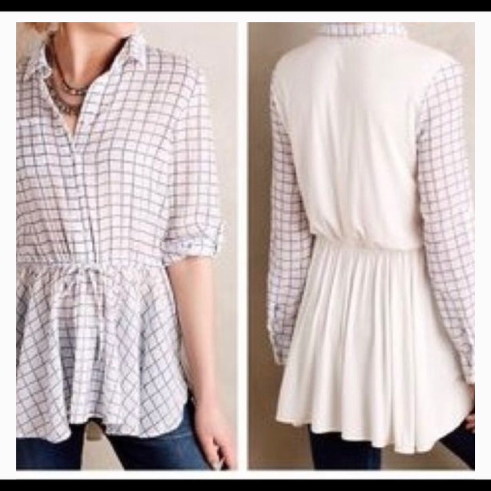Anthropologie Blue Tassel plaid tied at waist top - Picture 2 of 4